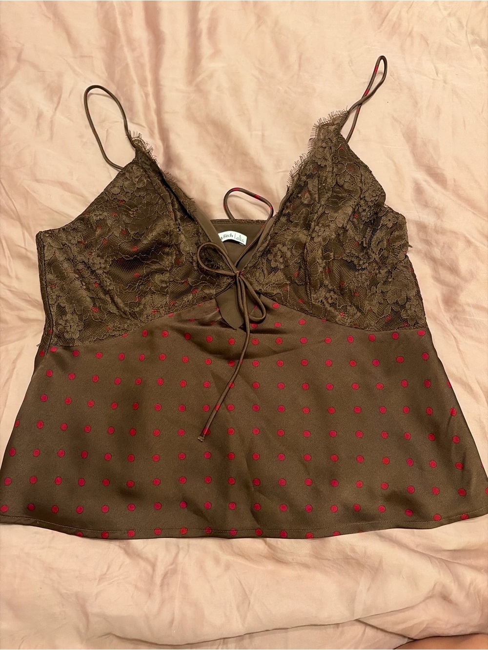 Abercrombie & Fitch Brown Satin Lace Cami with Red Polka Dots
